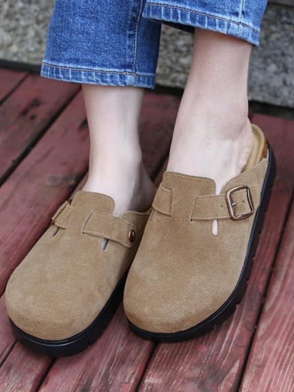 Genuine Suede Clogs for Women Platform Shoes，Leather Comfort Potato Shoes Chunky